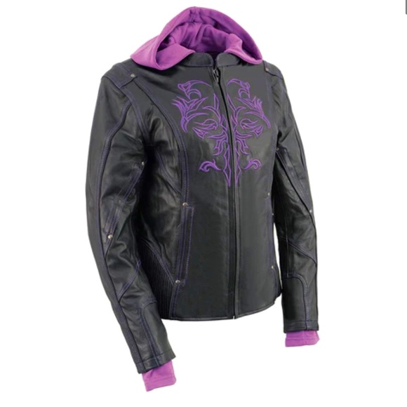 Leather Women's Black and Purple Leather Hoodie Jacket with Reflective Design - Picture 1 of 5